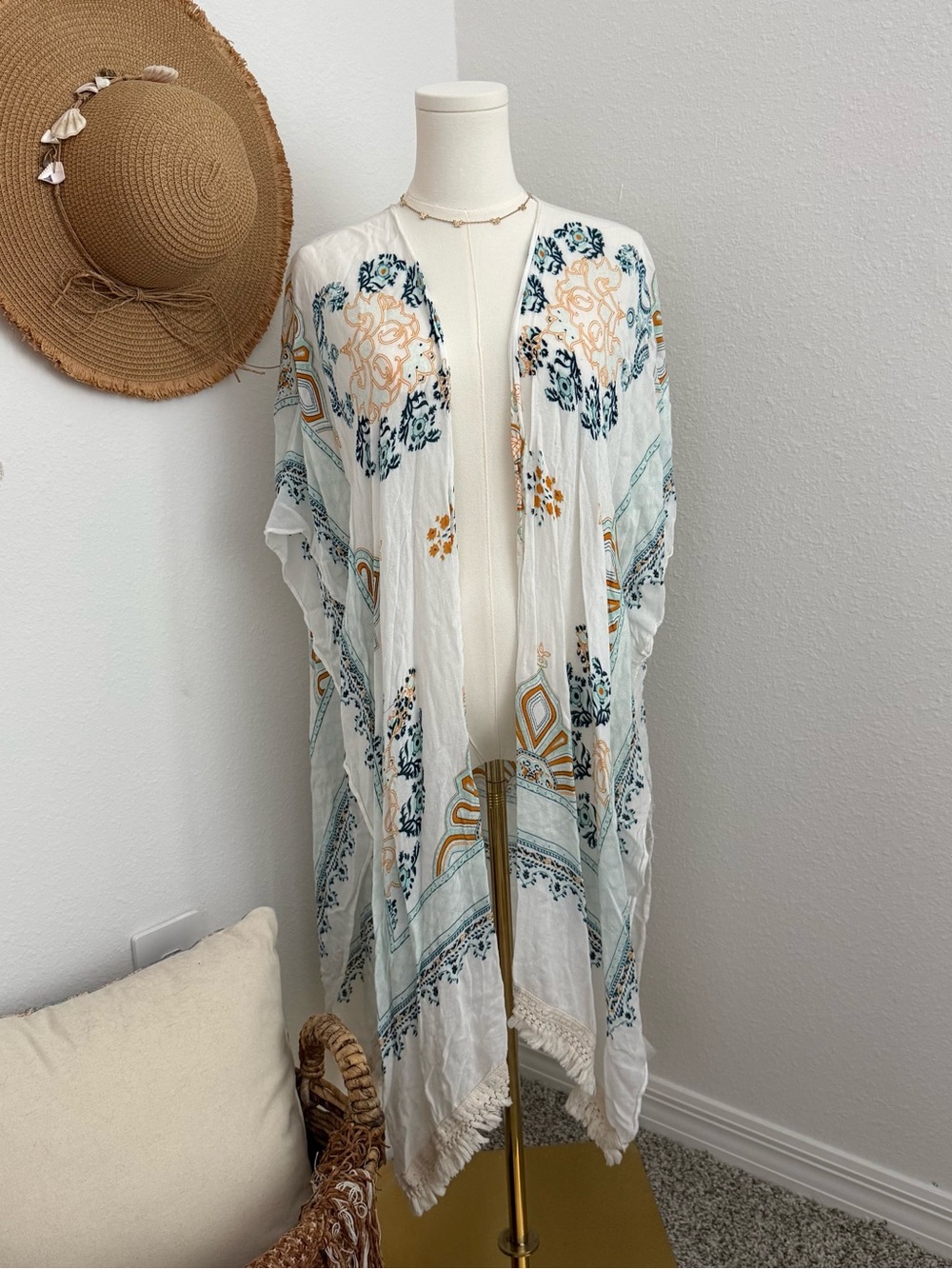 White Boho Floral Fringe Swim Coverup